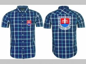 Slovakia - Slovensko pánska modrobielošedá košela na gombíky s krátkym rukávom s tlačeným menším logom vpredu a väčším na chrbtovej strane 100%bavlna